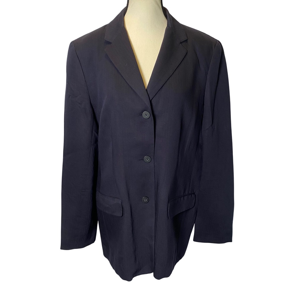 Lands' End Blazer Womens 14 Tall Navy Blue Herringbone Linen Blend Preppy Career